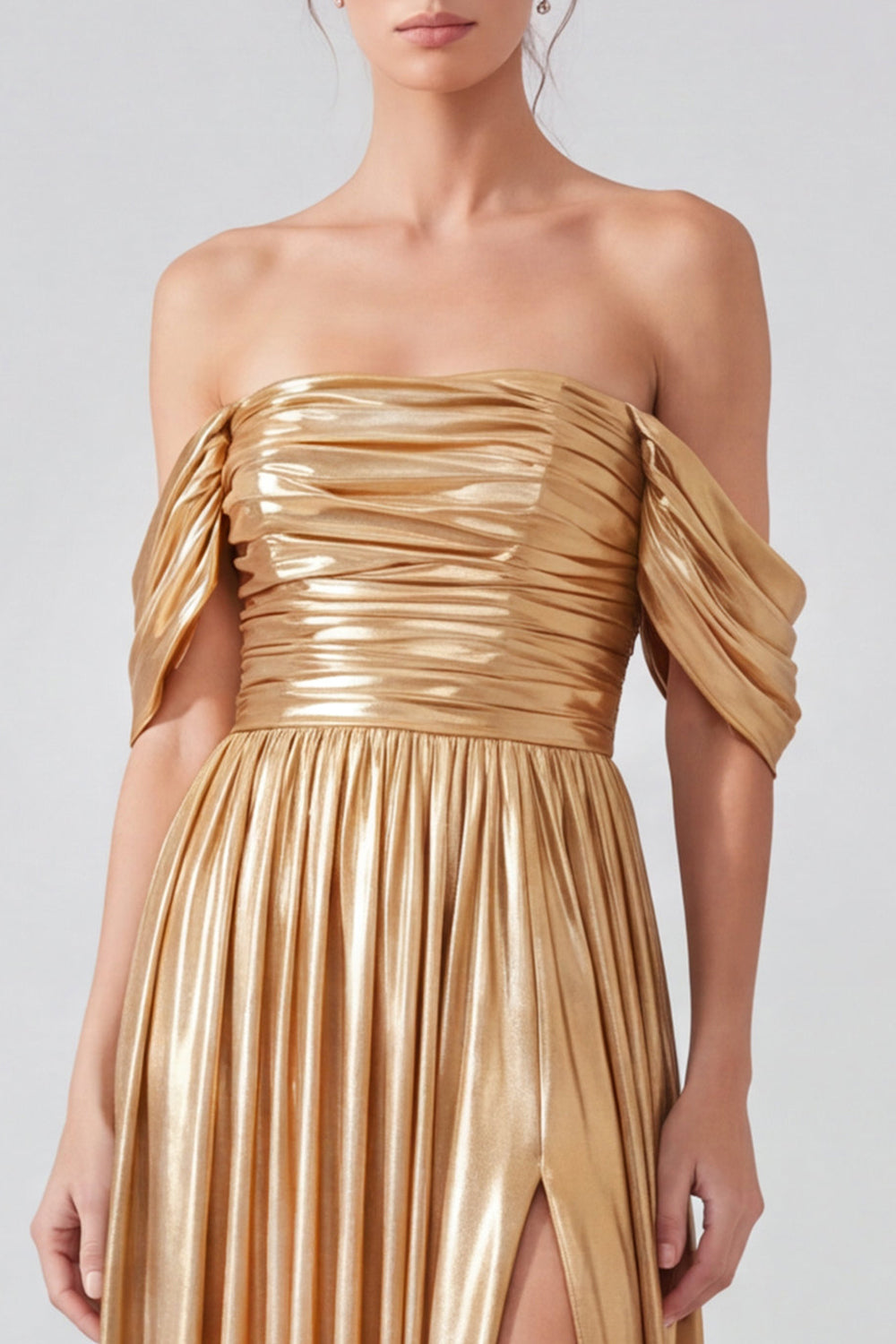 Blue Pleated Metallic A Line Long Formal Dress with Slit