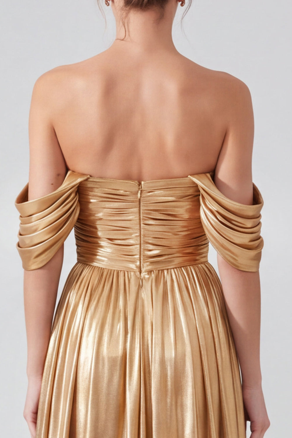 Blue Pleated Metallic A Line Long Formal Dress with Slit