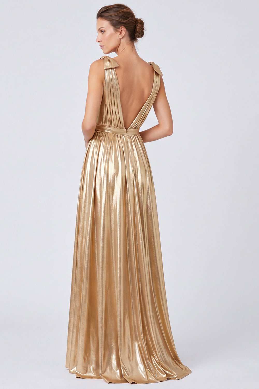 Metallic Gold Pleated A Line Long Formal Dress with Bows
