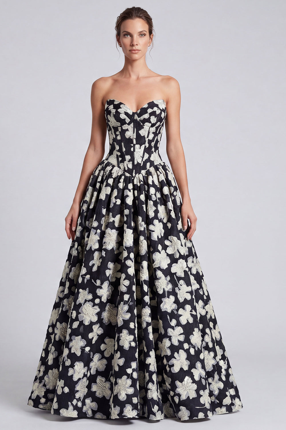 Floral Corset Black White Long Formal Dress Lace-Up Back Sweetheart A Line Evening Dress