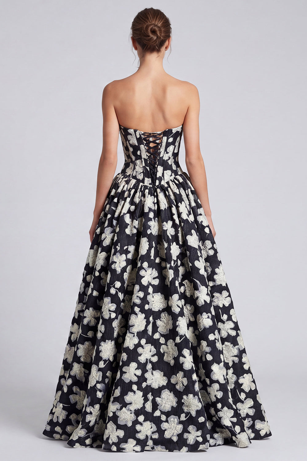 Black White Flower Corset Sweetheart A Line Long Formal Dress