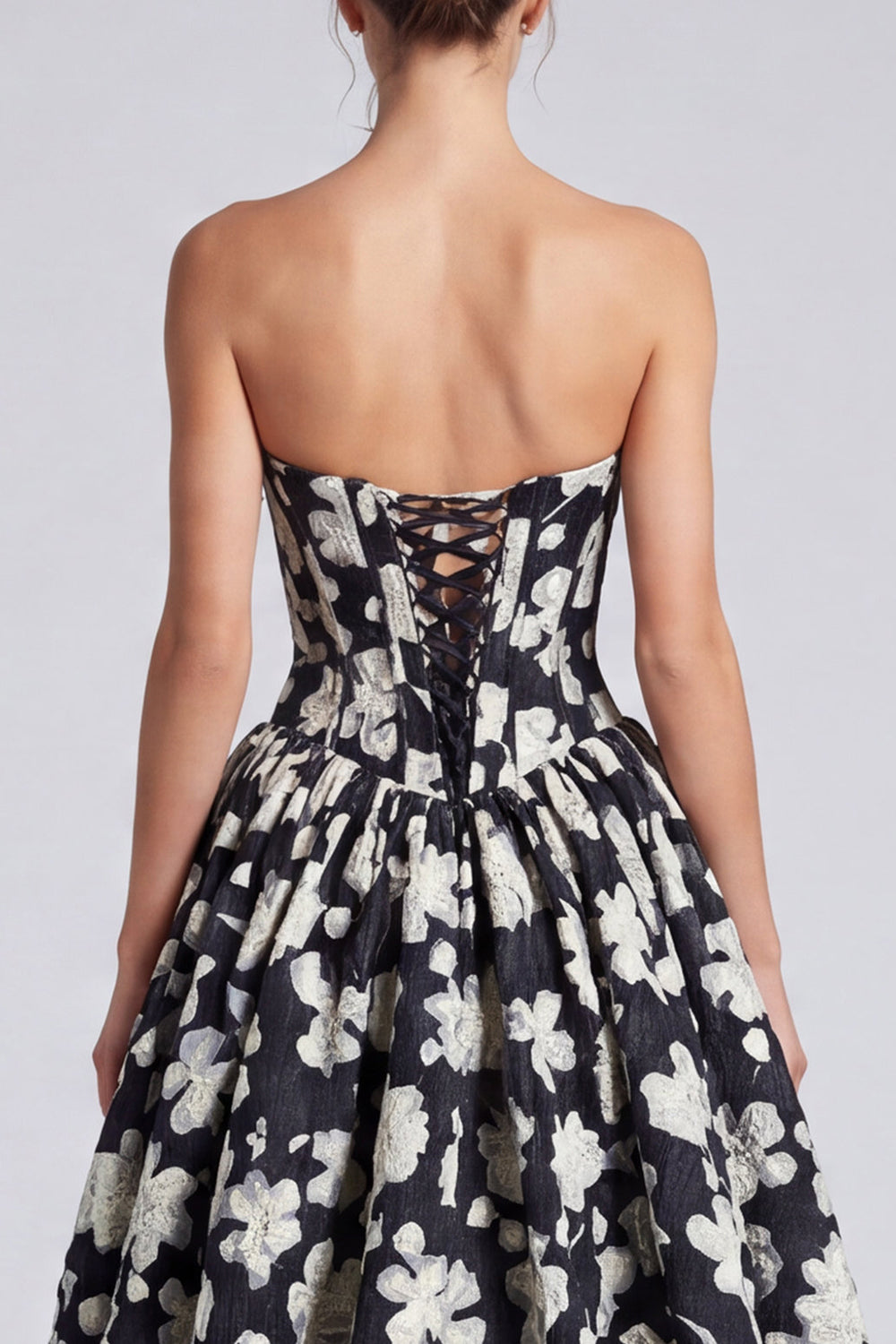 Black White Flower Corset Sweetheart A Line Long Formal Dress
