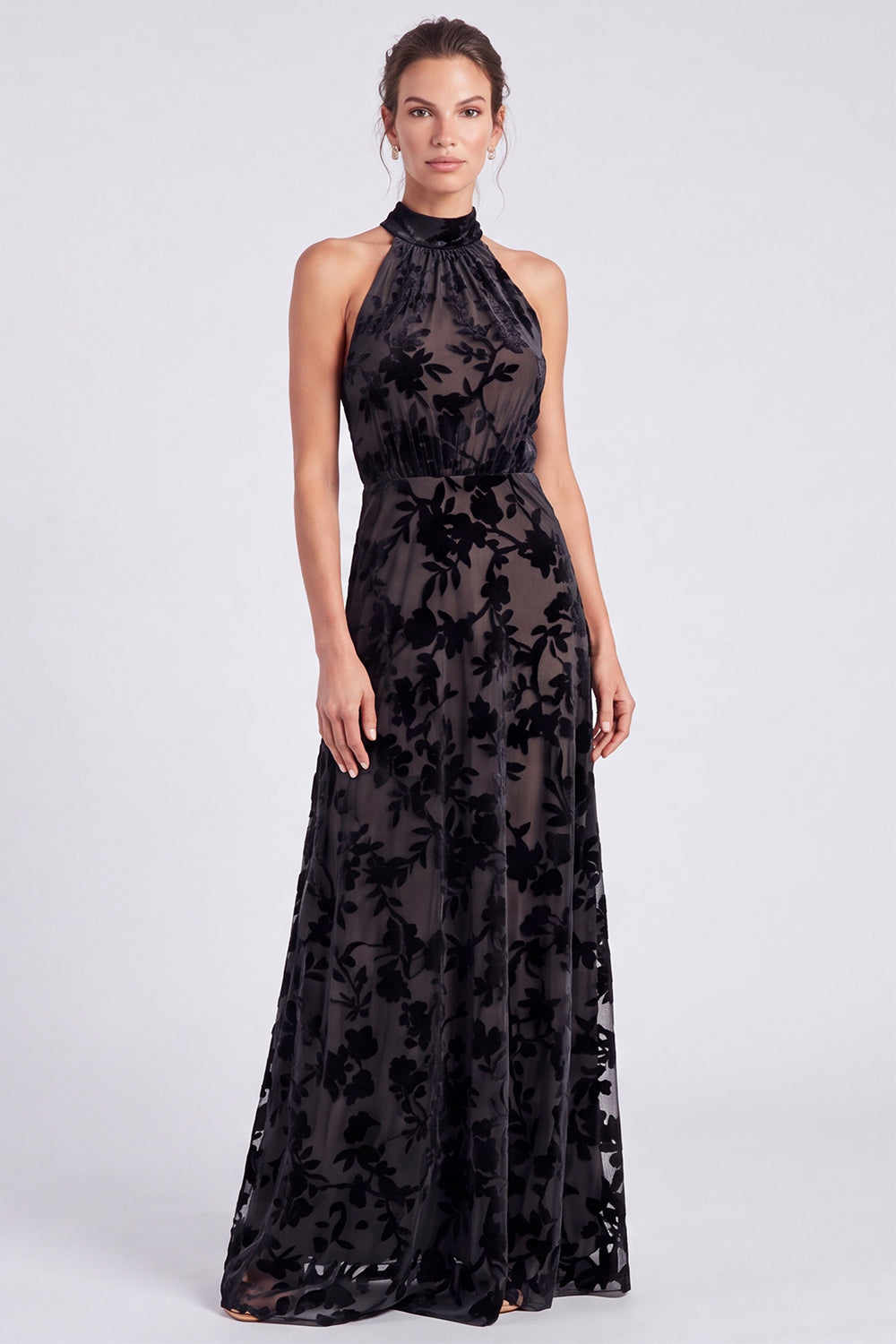 Olive Floral Halter A Line Long Formal Dress with Bow