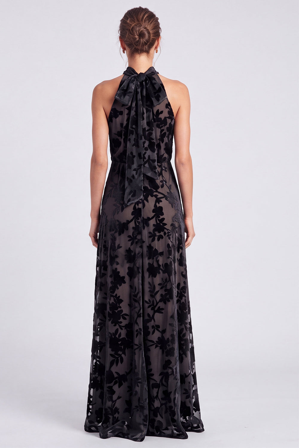 Olive Floral Halter A Line Long Formal Dress with Bow