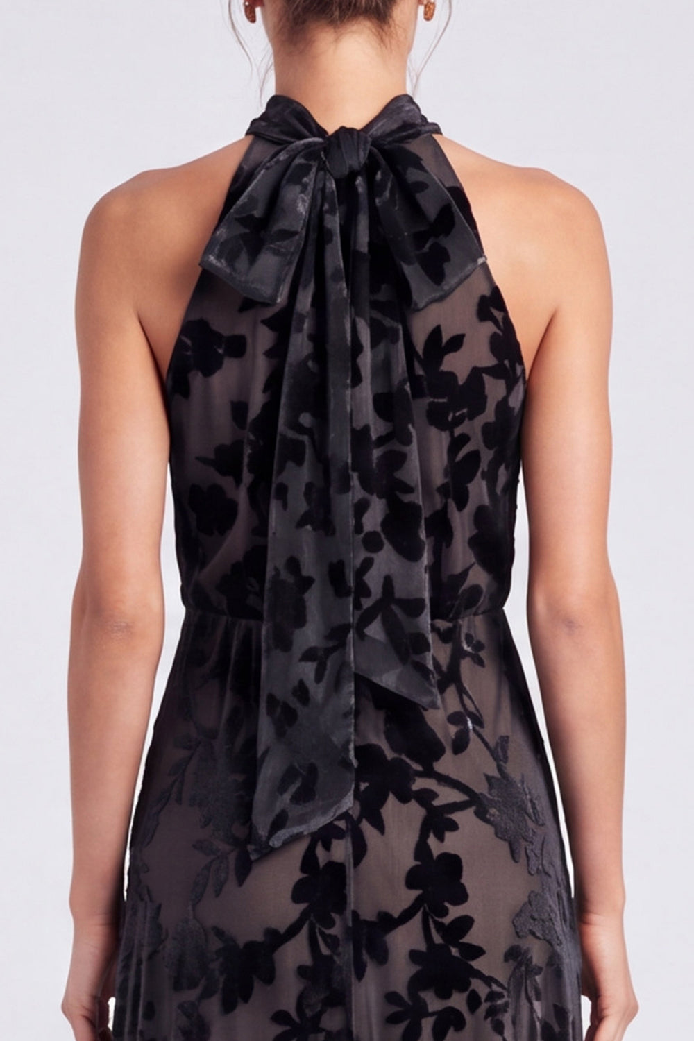 Olive Floral Halter A Line Long Formal Dress with Bow