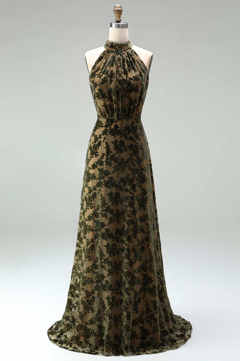 Olive Floral Halter A Line Long Formal Dress with Bow