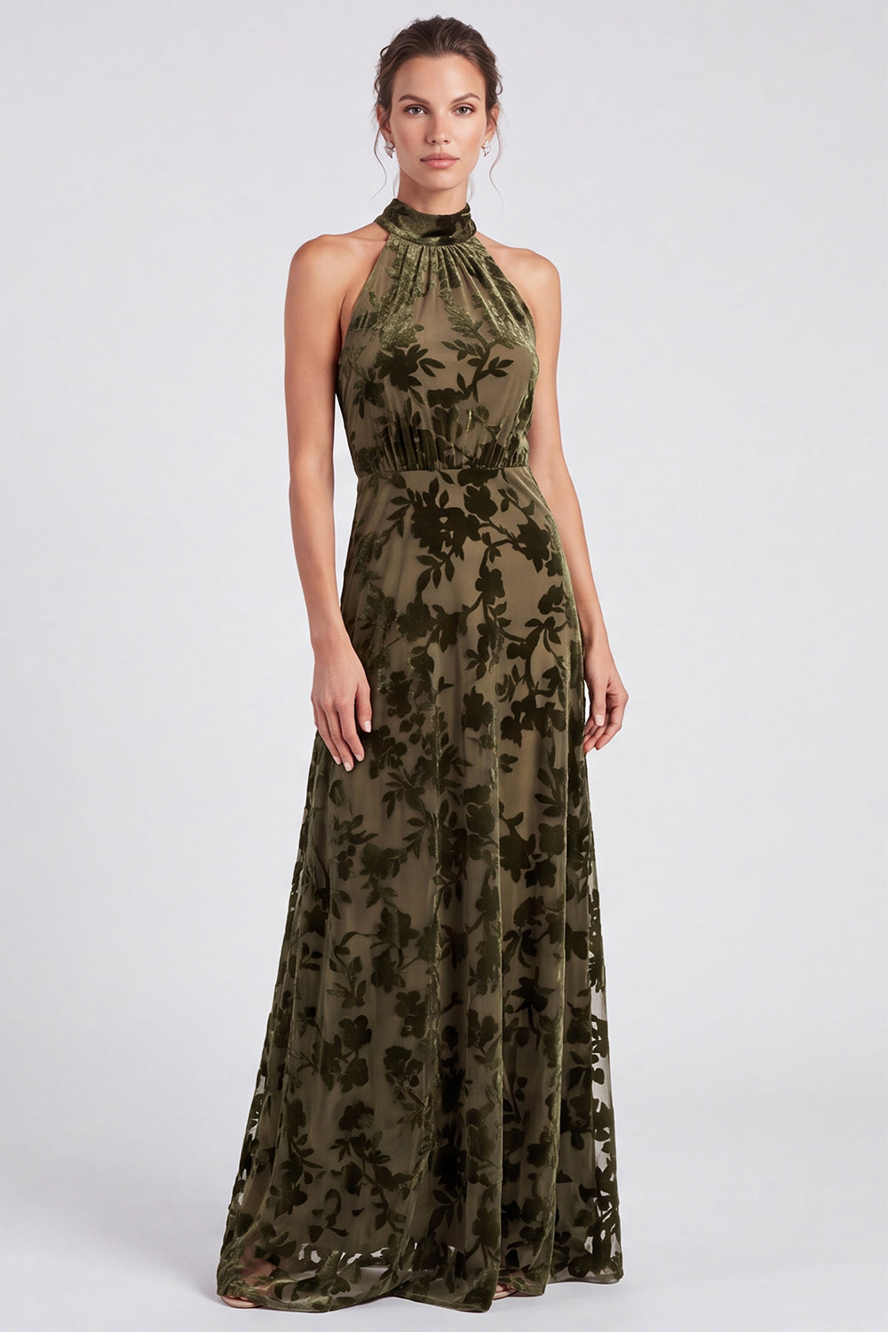 Olive Floral Halter A Line Long Formal Dress with Bow