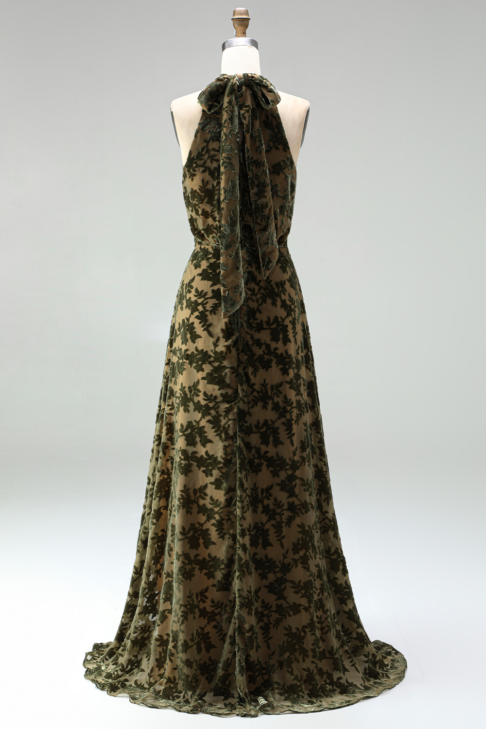 Olive Floral Halter A Line Long Formal Dress with Bow