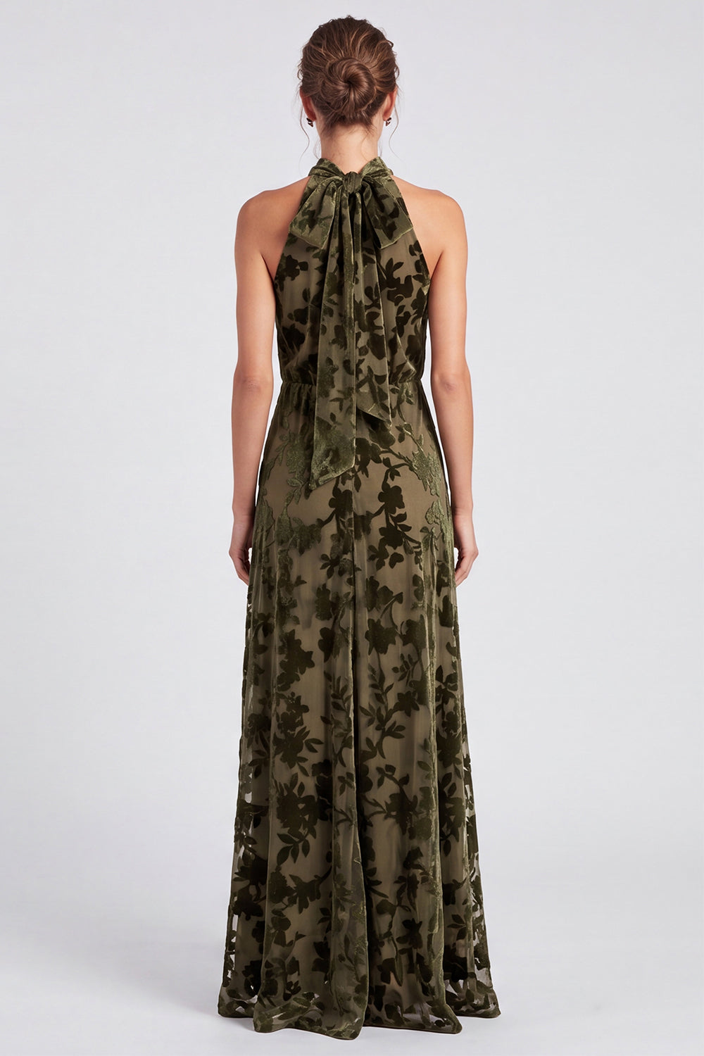 Olive Floral Halter A Line Long Formal Dress with Bow