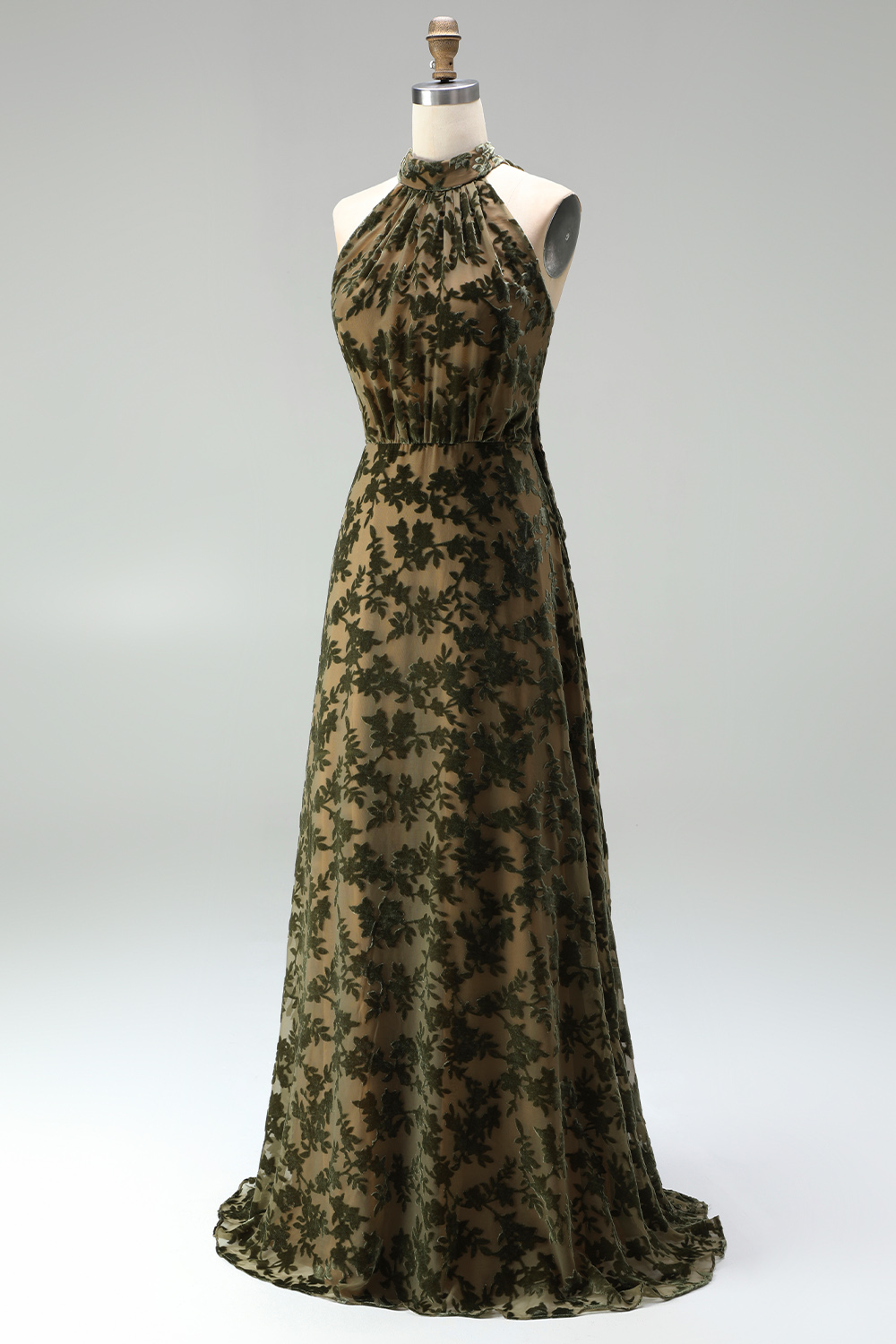 Olive Floral Halter A Line Long Formal Dress with Bow