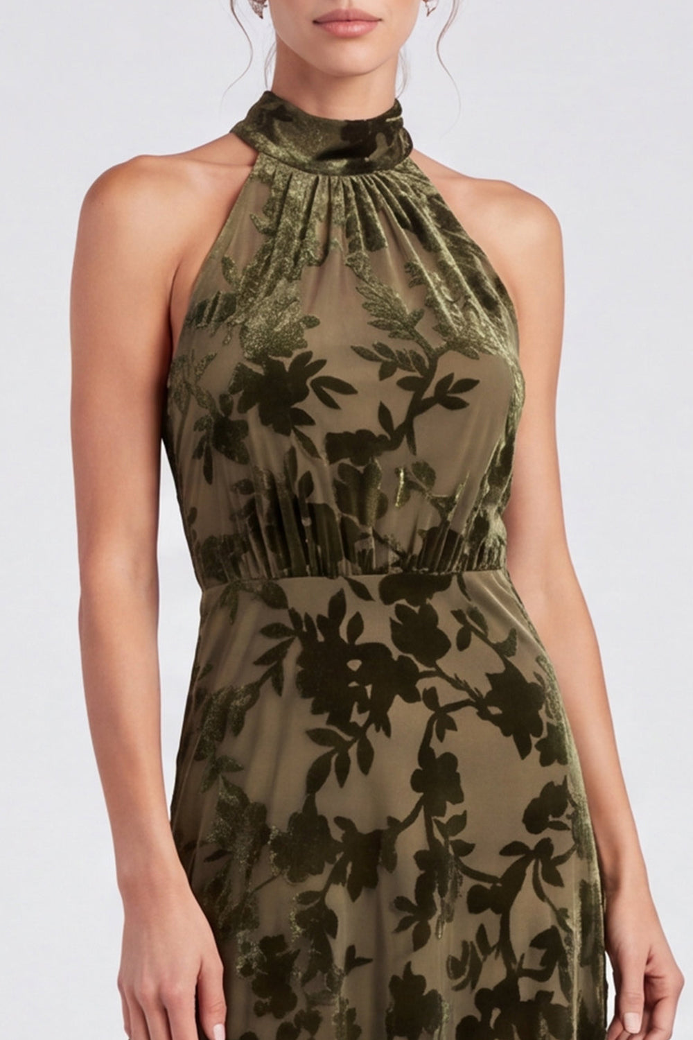 Olive Floral Halter A Line Long Formal Dress with Bow