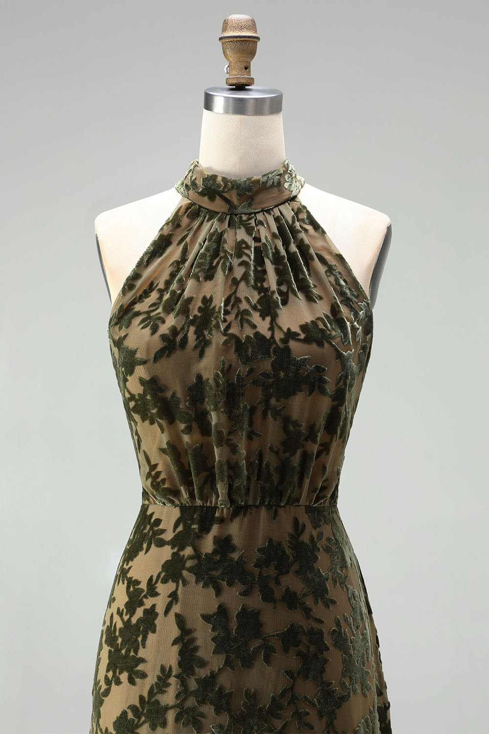 Olive Floral Halter A Line Long Formal Dress with Bow