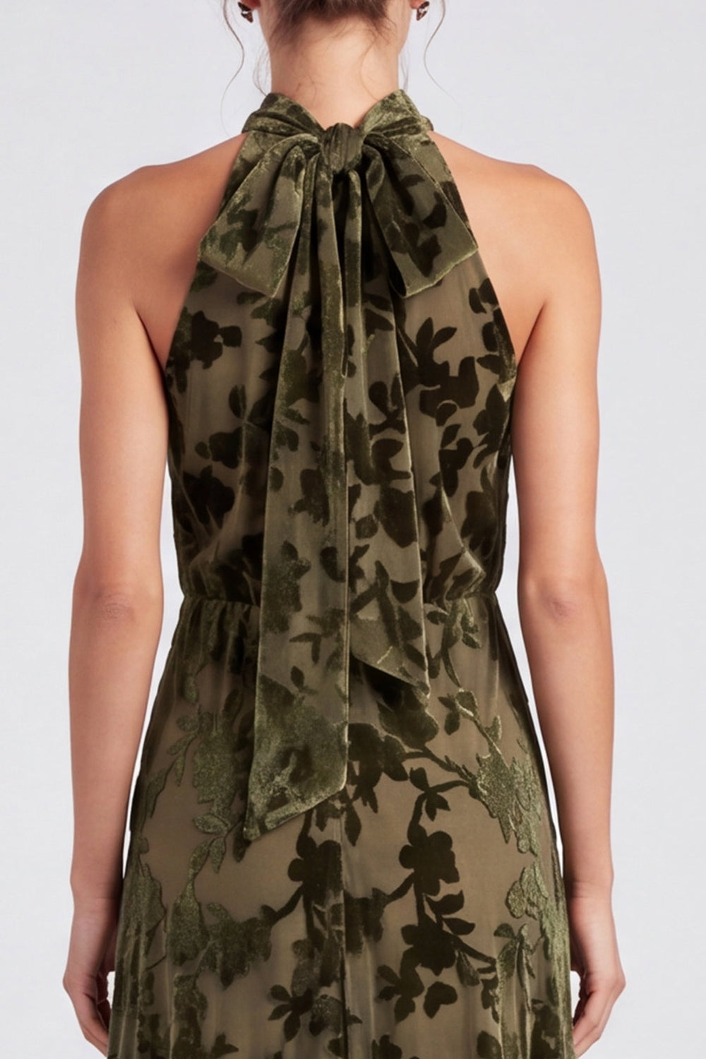 Olive Floral Halter A Line Long Formal Dress with Bow