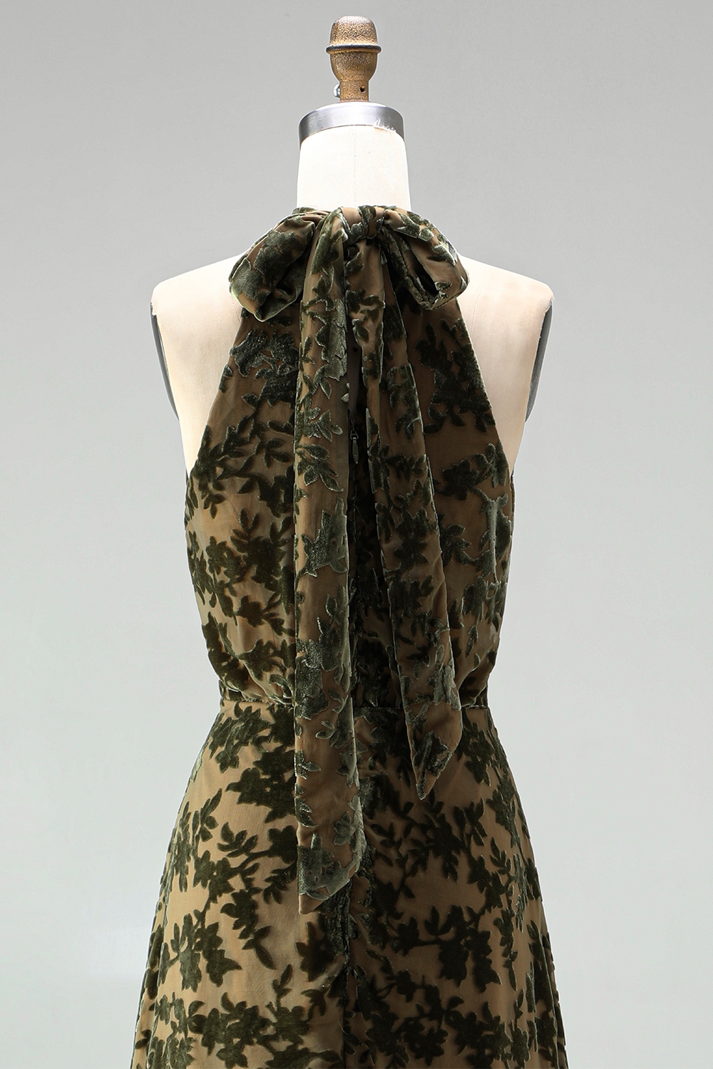 Olive Floral Halter A Line Long Formal Dress with Bow