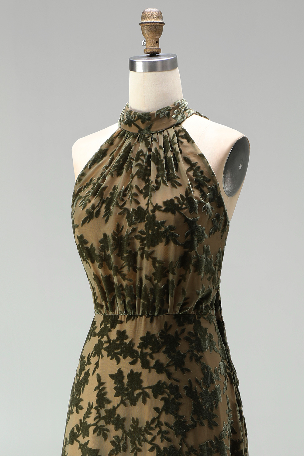 Olive Floral Halter A Line Long Formal Dress with Bow
