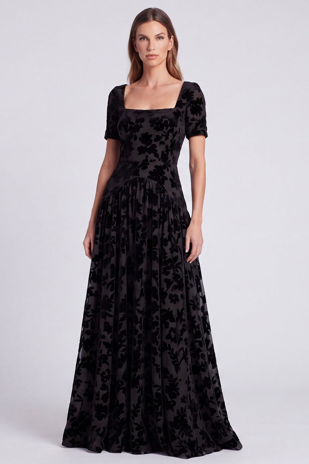 Black Floral Square Neck Velvet A Line Long Formal Dress