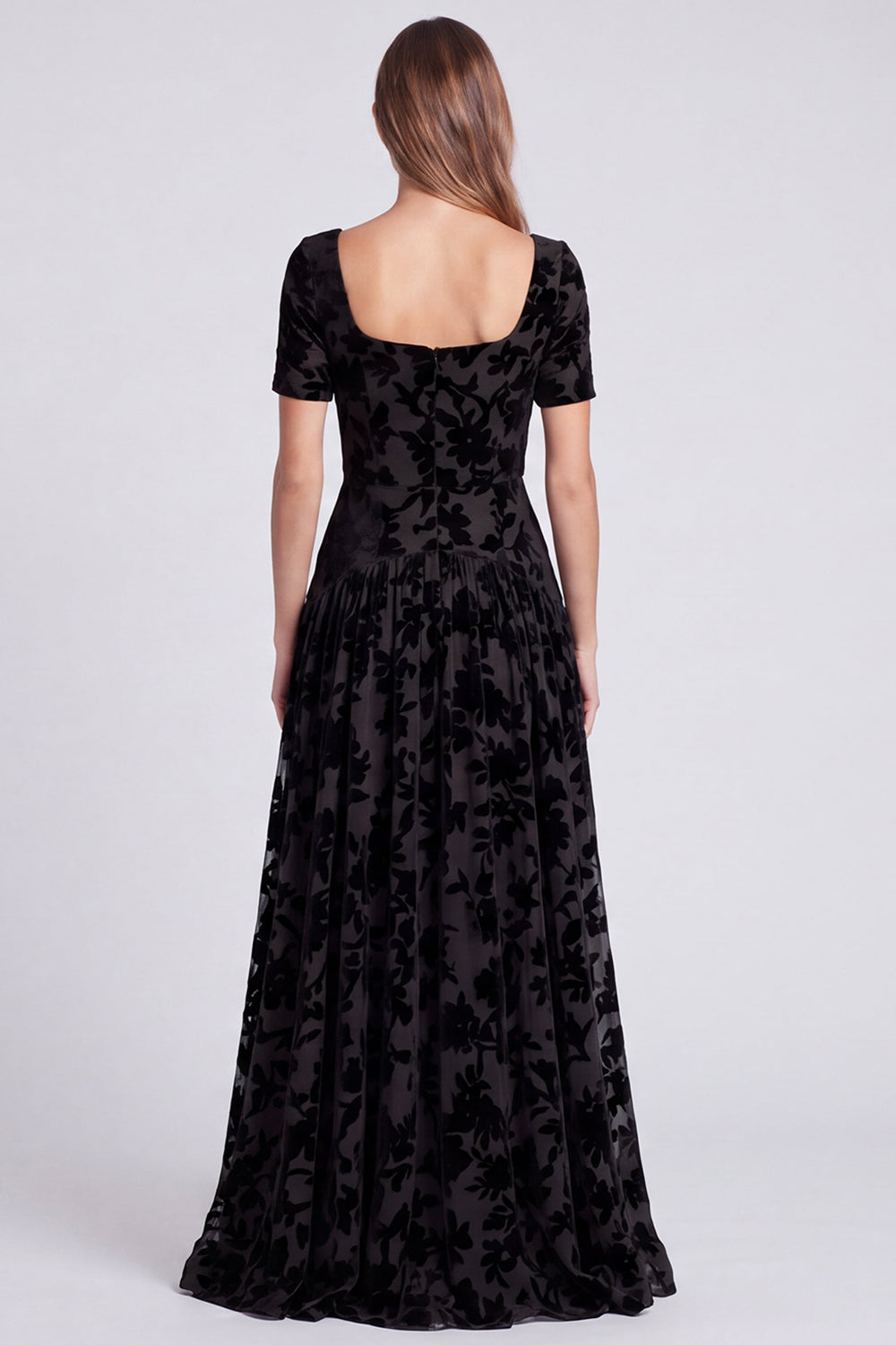 Black Floral Square Neck Velvet A Line Long Formal Dress