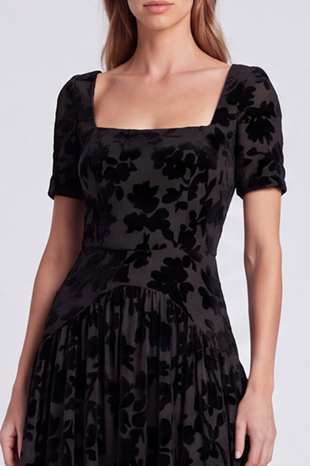 Black Floral Square Neck Velvet A Line Long Formal Dress