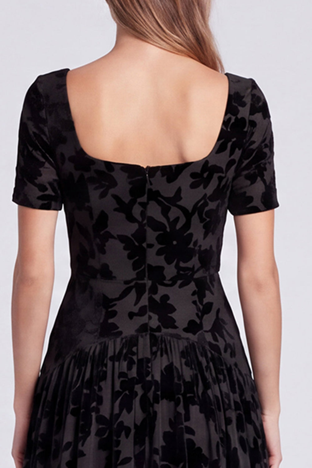 Black Floral Square Neck Velvet A Line Long Formal Dress