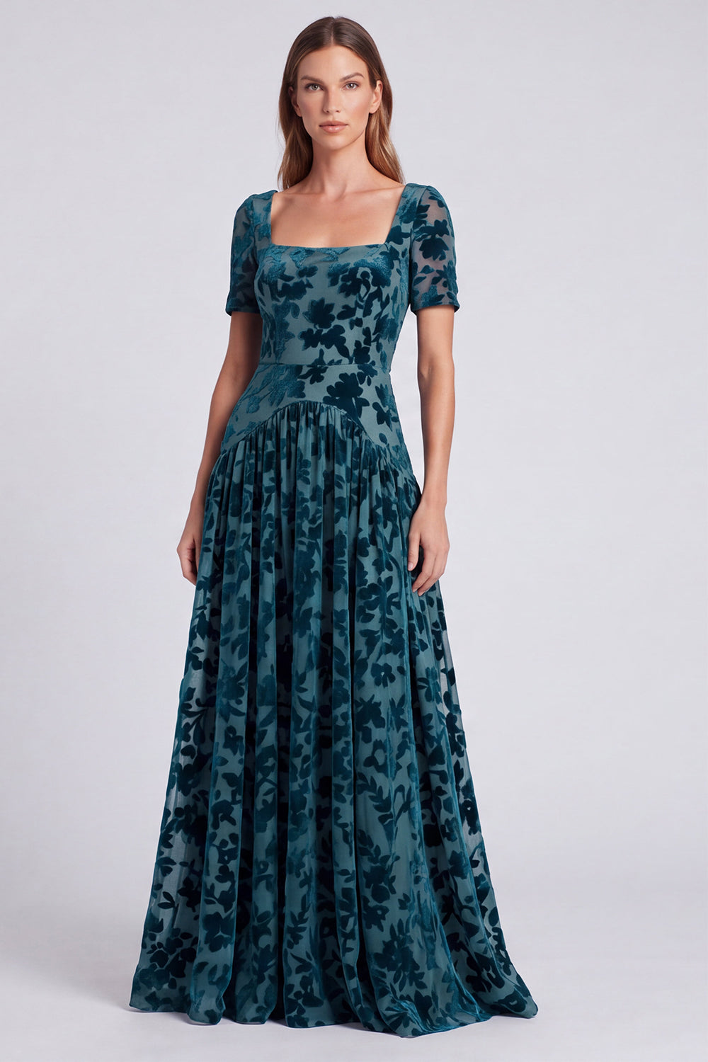 Black Floral Square Neck Velvet A Line Long Formal Dress