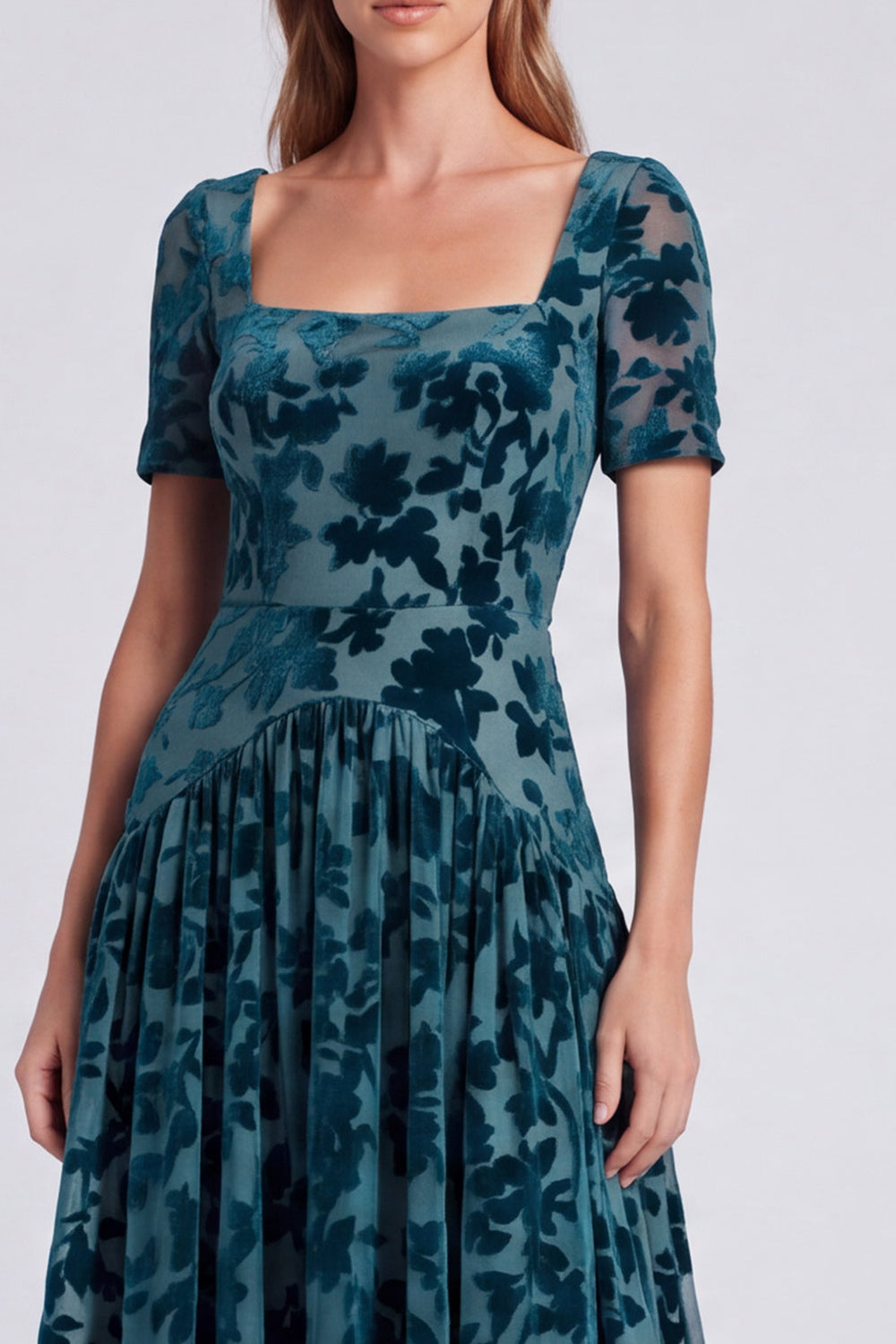 Black Floral Square Neck Velvet A Line Long Formal Dress