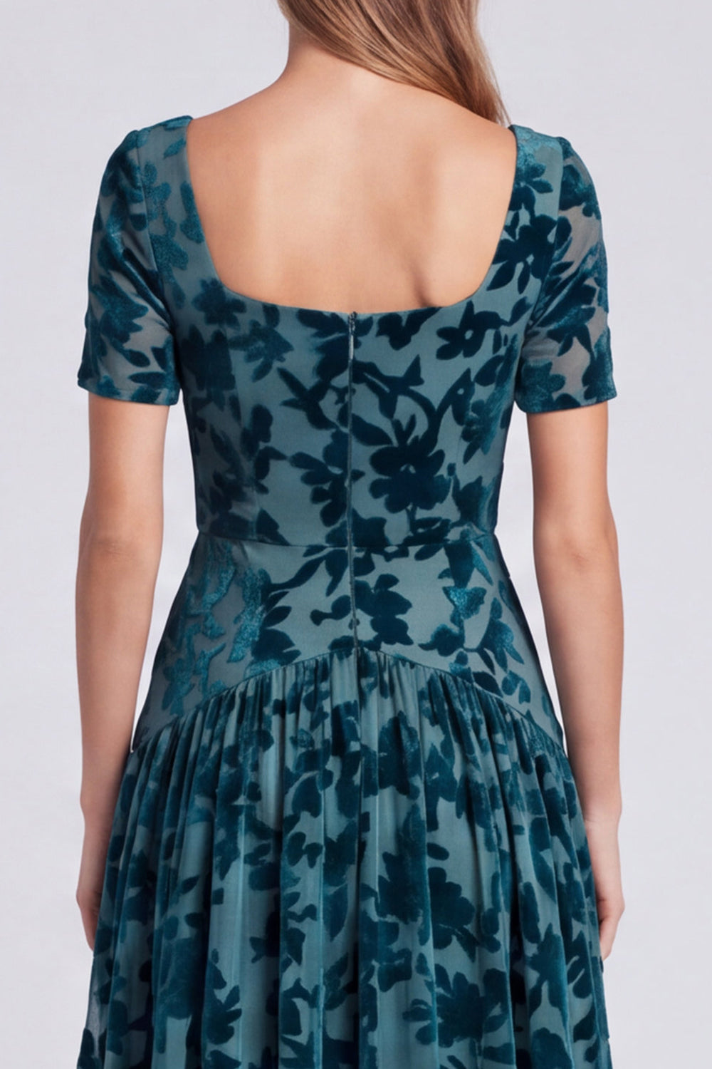 Black Floral Square Neck Velvet A Line Long Formal Dress