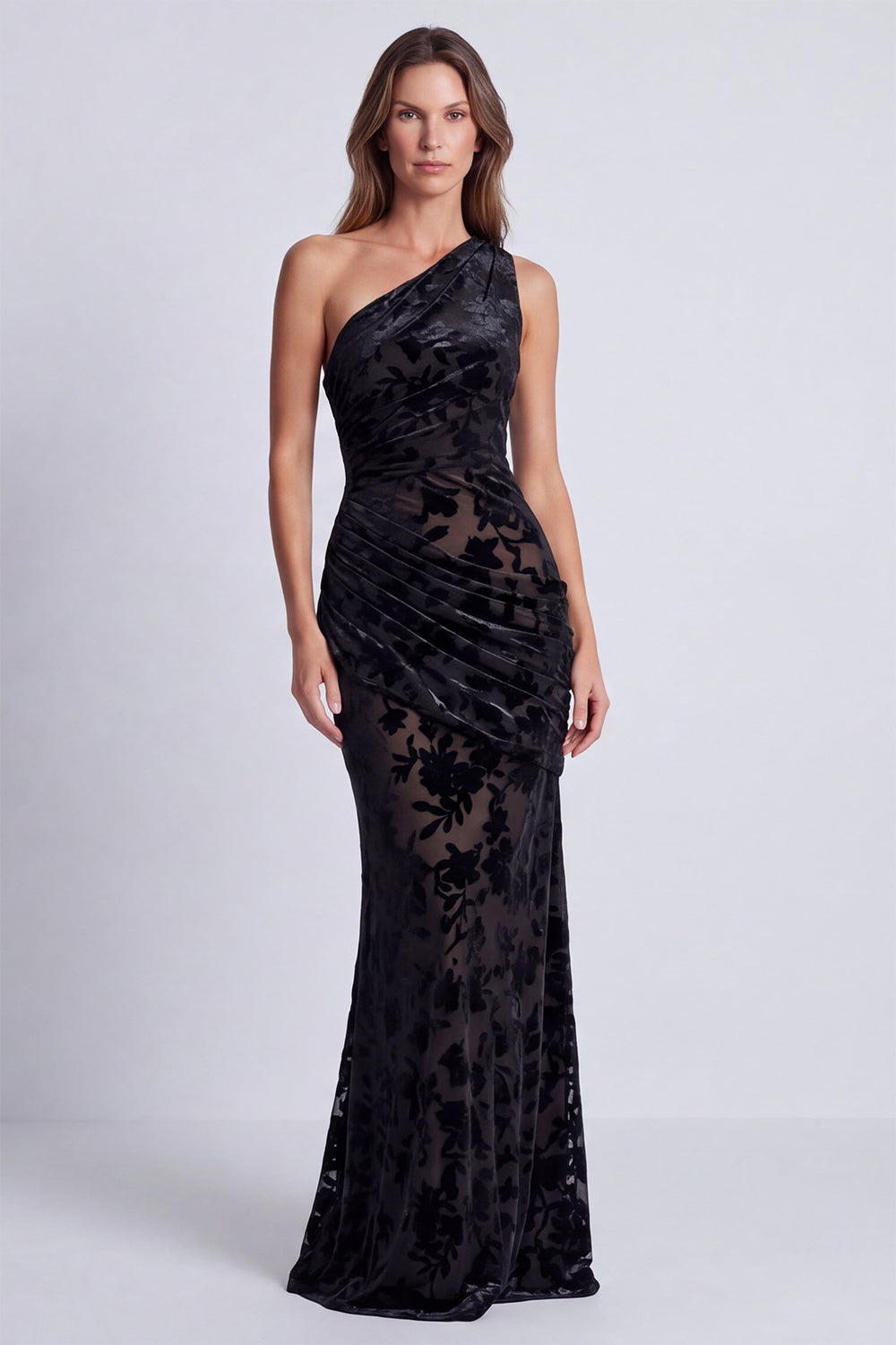 Black Floral Velvet Mermaid One Shoulder Long Formal Dress