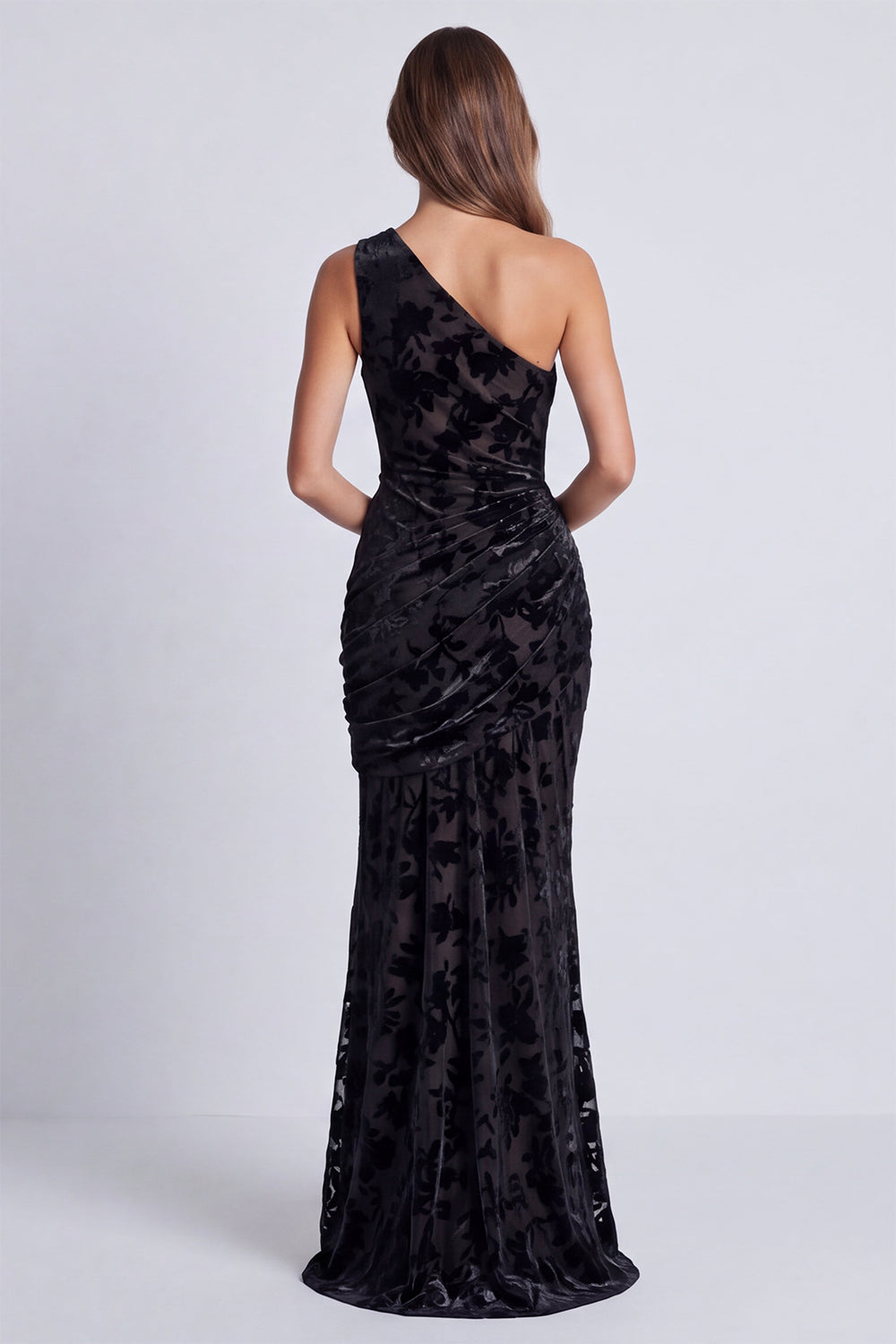 Black Floral Velvet Mermaid One Shoulder Long Formal Dress