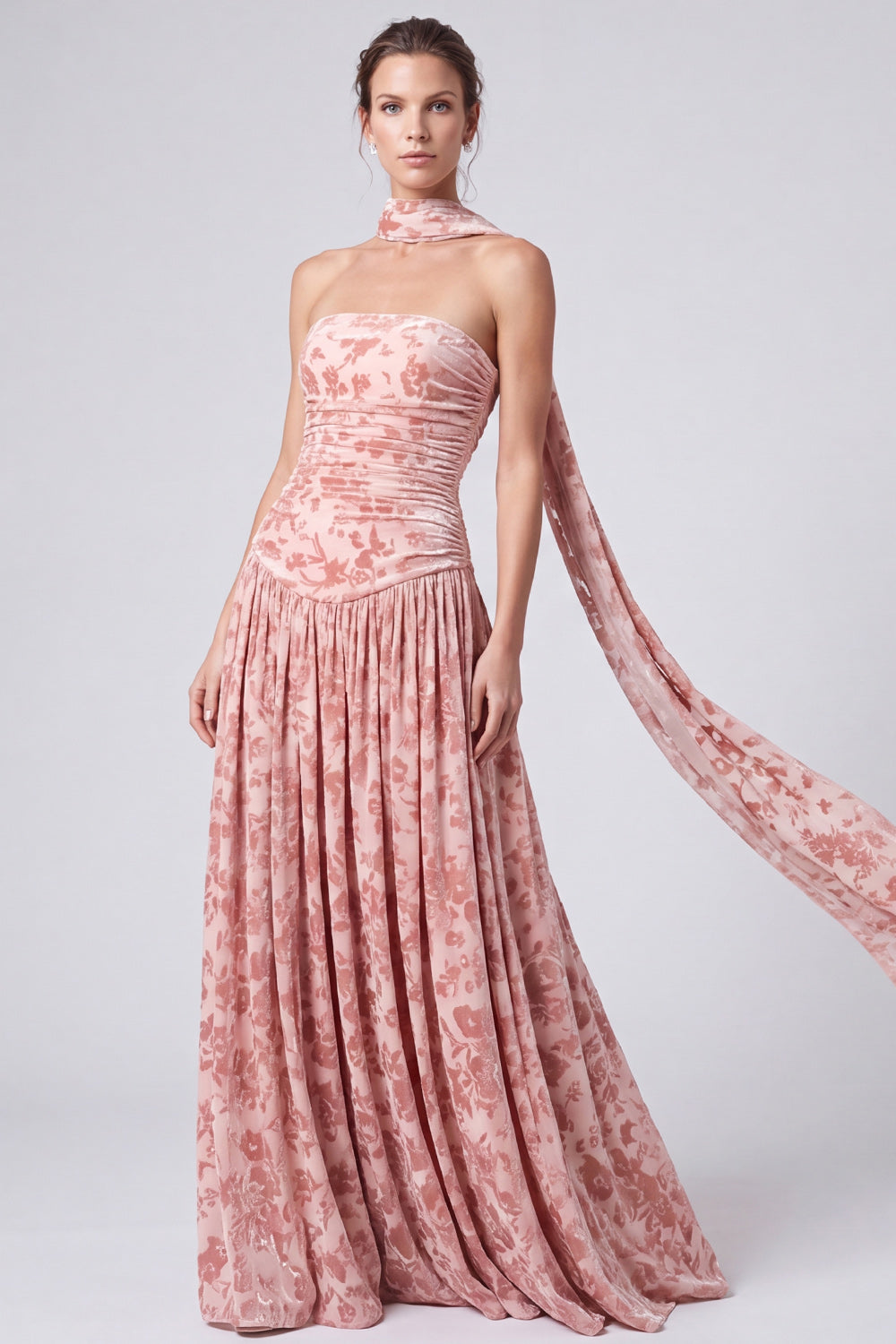 Floral Pink Pleated A Line Long Formal Dress with Neck Scarf