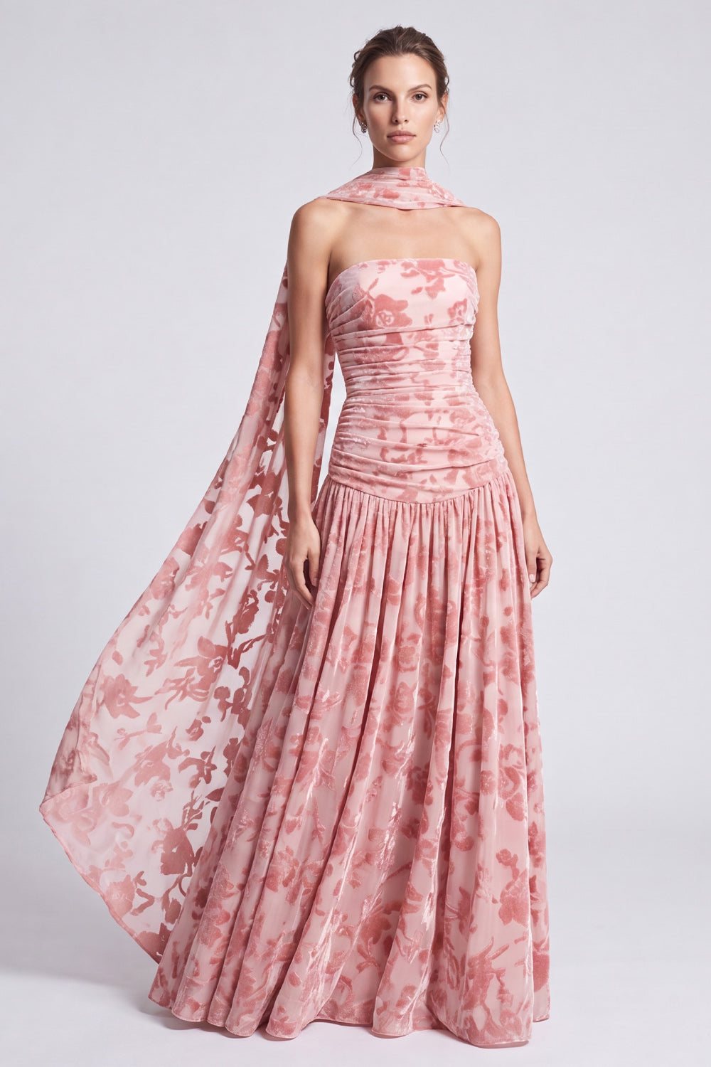 Floral Pink Pleated A Line Long Formal Dress with Neck Scarf