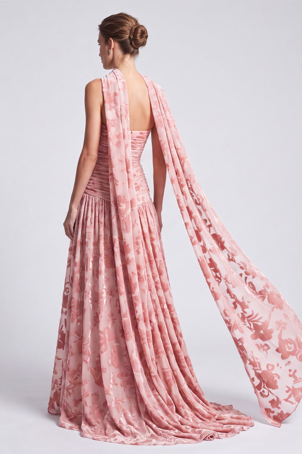 Floral Pink Pleated A Line Long Formal Dress with Neck Scarf
