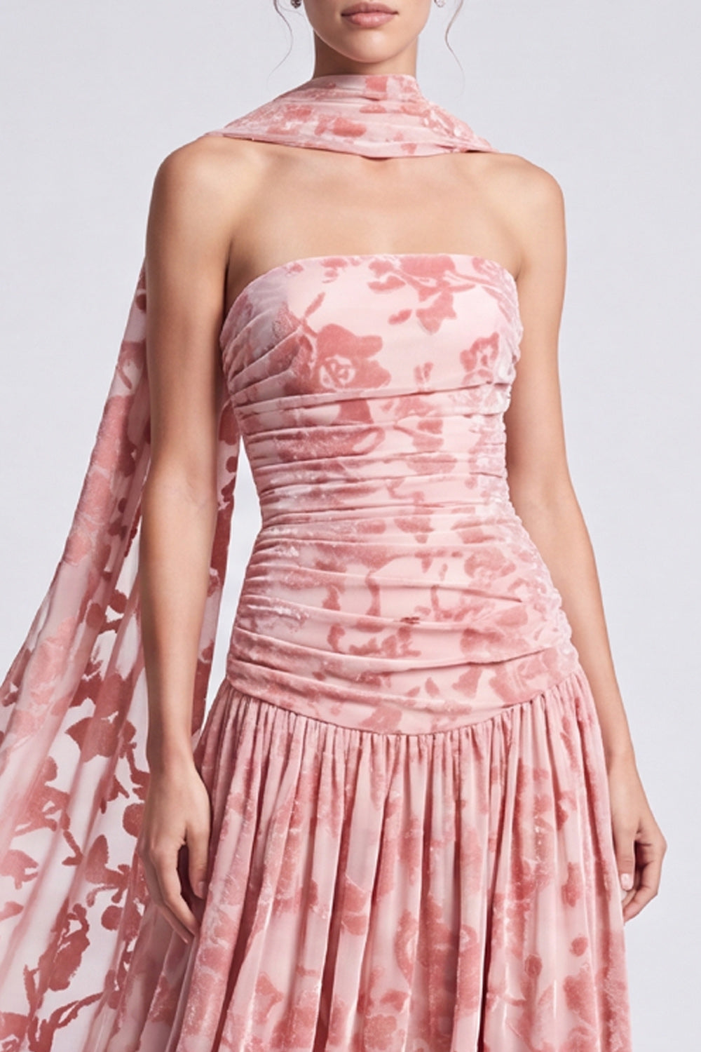 Floral Pink Pleated A Line Long Formal Dress with Neck Scarf