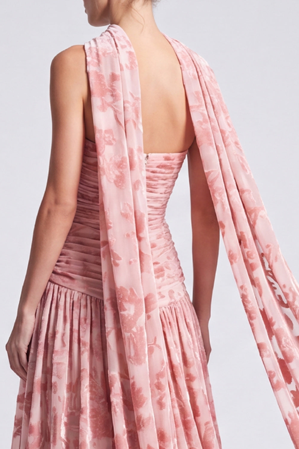 Floral Pink Pleated A Line Long Formal Dress with Neck Scarf