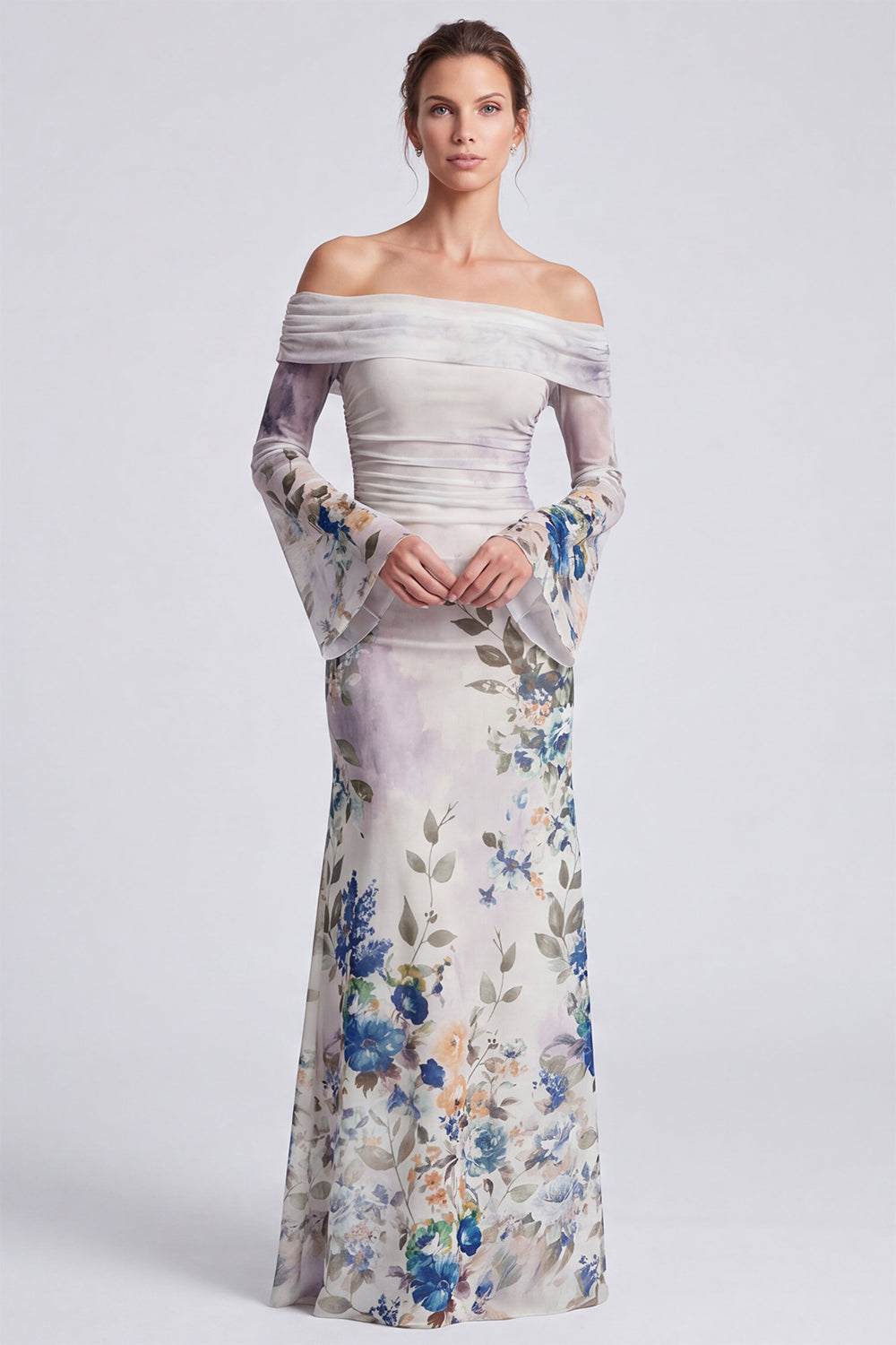Floral Ivory Mermaid Ruched Long Formal Dress with Sleeves