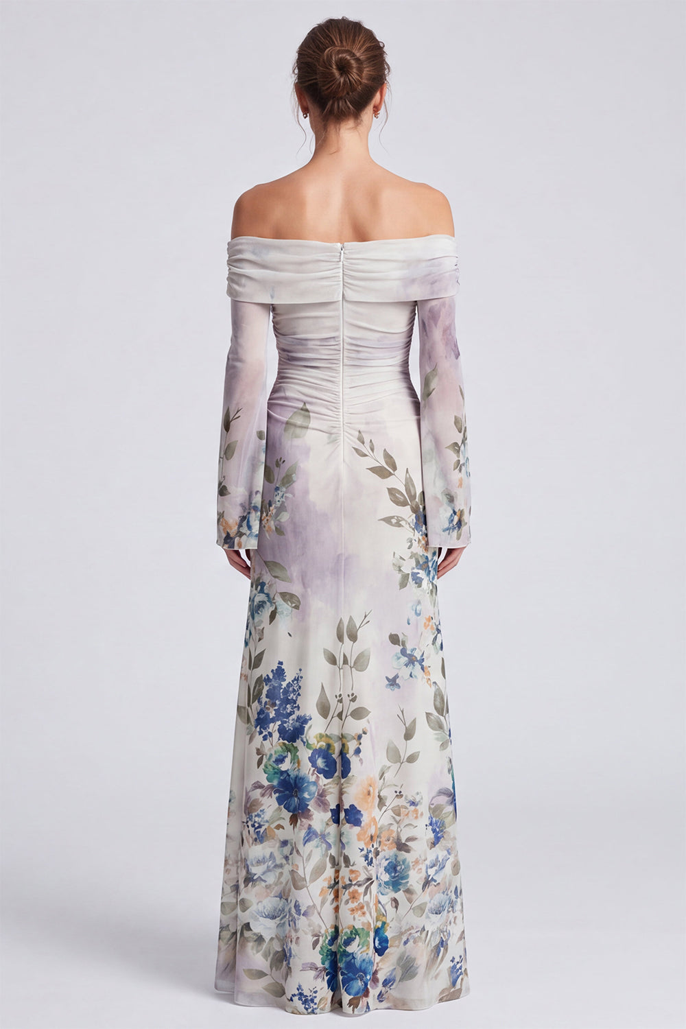 Floral Ivory Mermaid Ruched Long Formal Dress with Sleeves