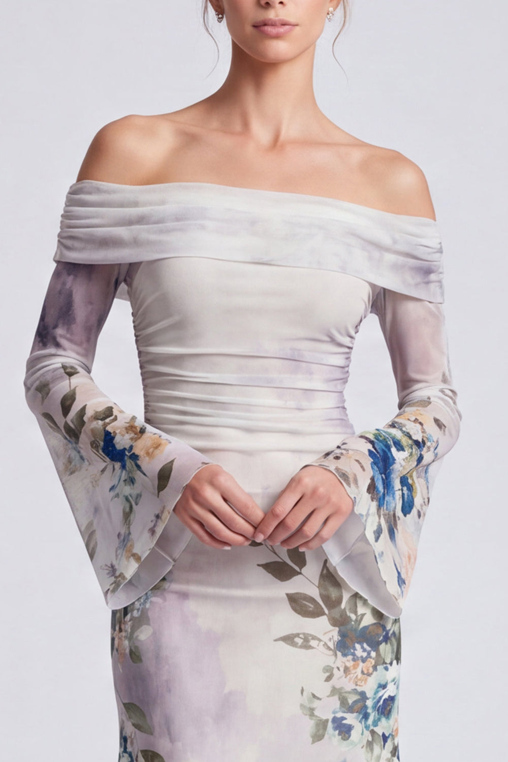 Floral Ivory Mermaid Ruched Long Formal Dress with Sleeves
