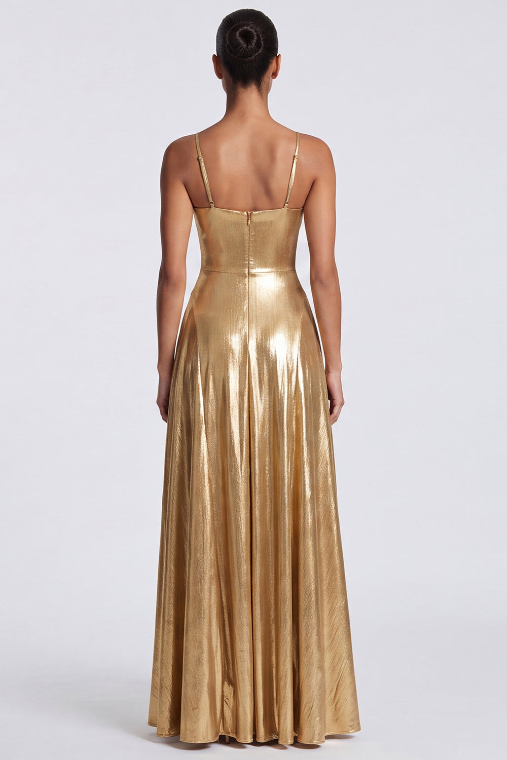 Gold Metallic Spaghetti Straps A Line Long Formal Dress