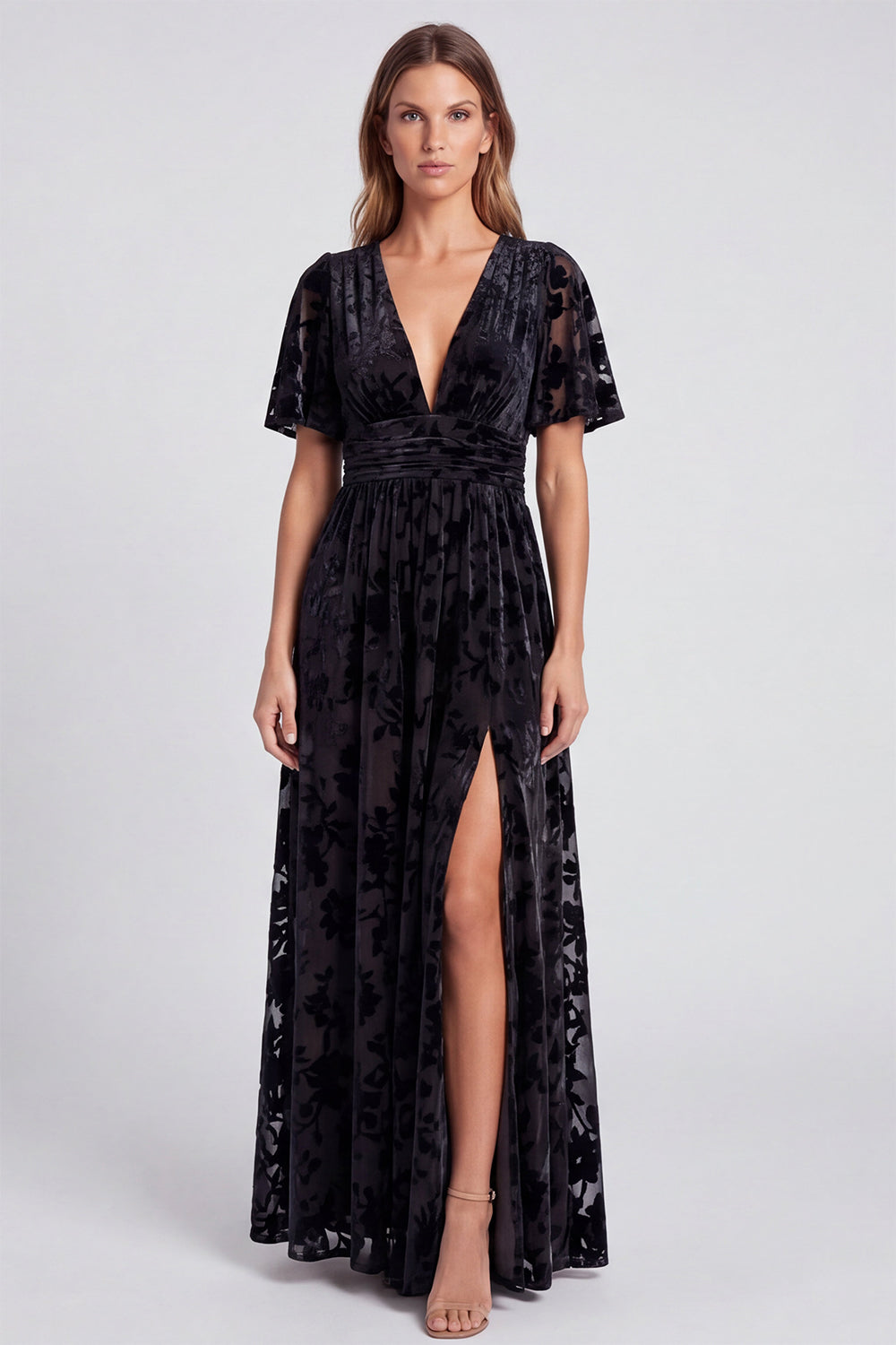 Olive Floral Velvet A Line V-Neck Long Formal Dress with Slit