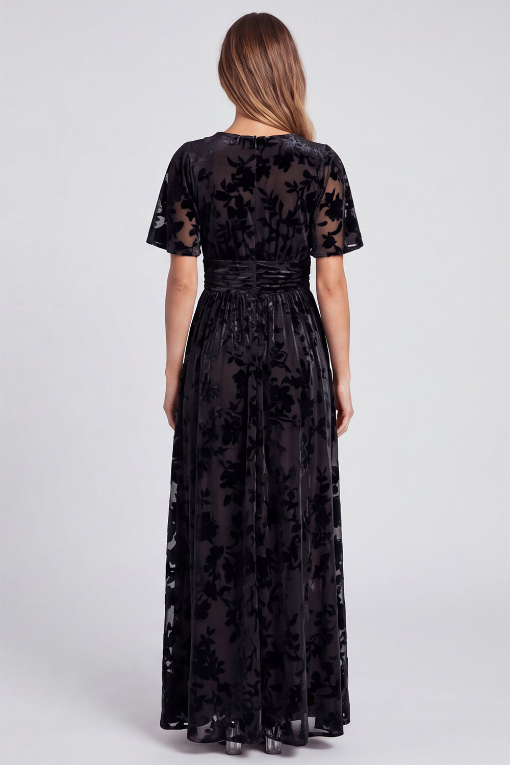 Olive Floral Velvet A Line V-Neck Long Formal Dress with Slit