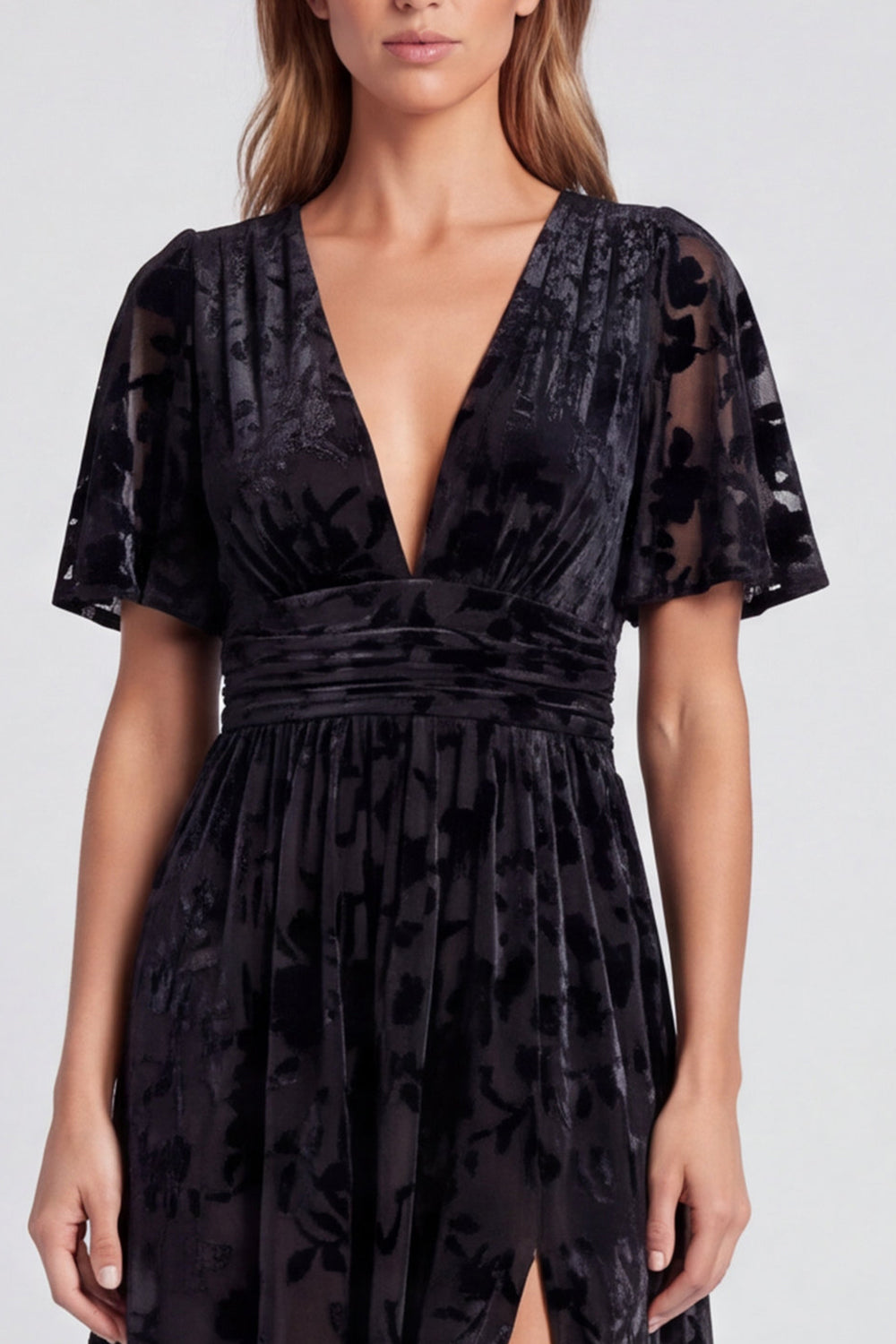 Olive Floral Velvet A Line V-Neck Long Formal Dress with Slit
