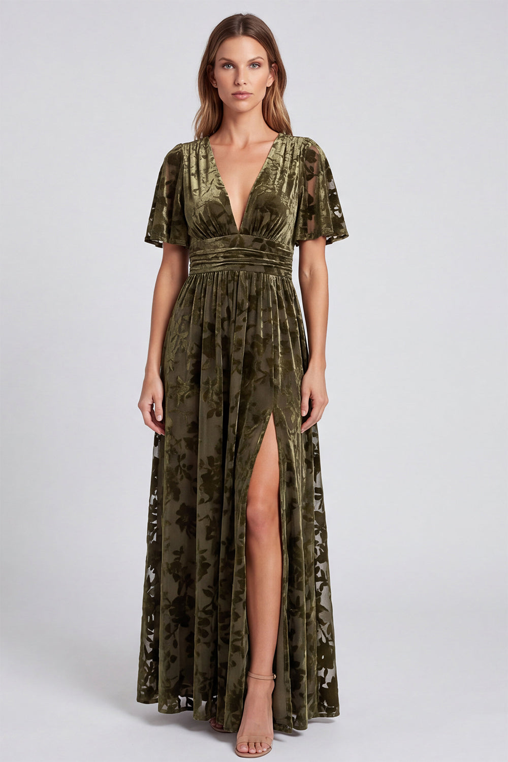 Olive Floral Velvet A Line V-Neck Long Formal Dress with Slit