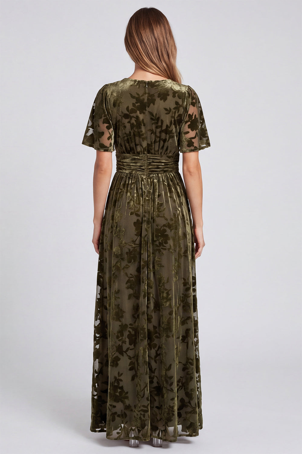 Olive Floral Velvet A Line V-Neck Long Formal Dress with Slit