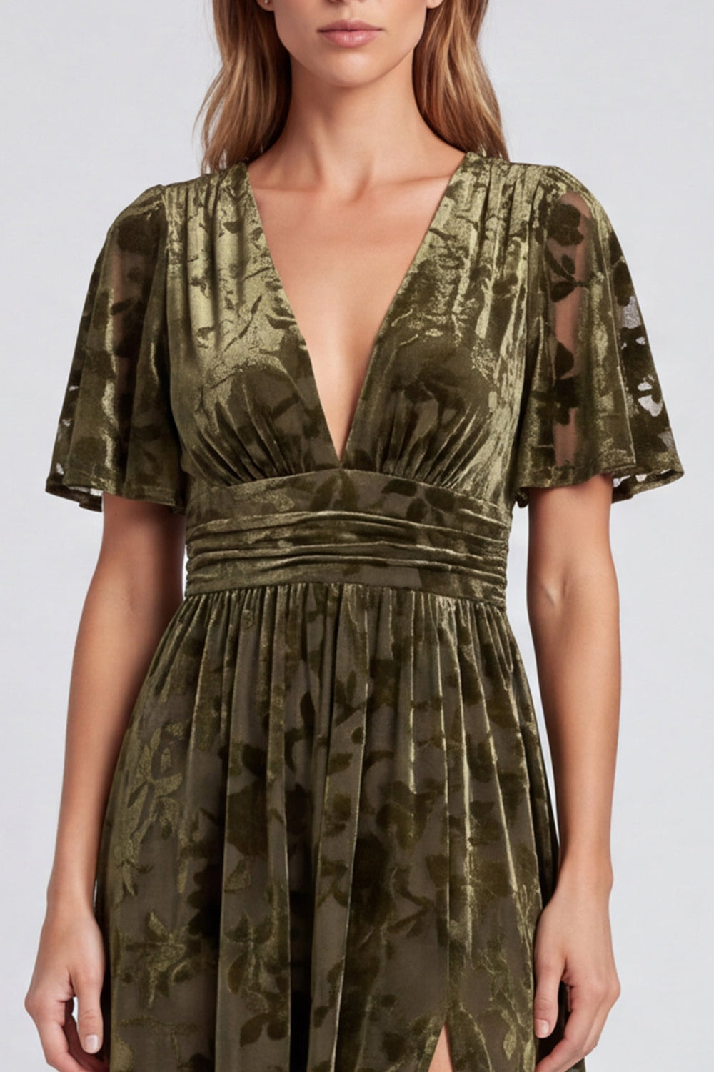 Olive Floral Velvet A Line V-Neck Long Formal Dress with Slit