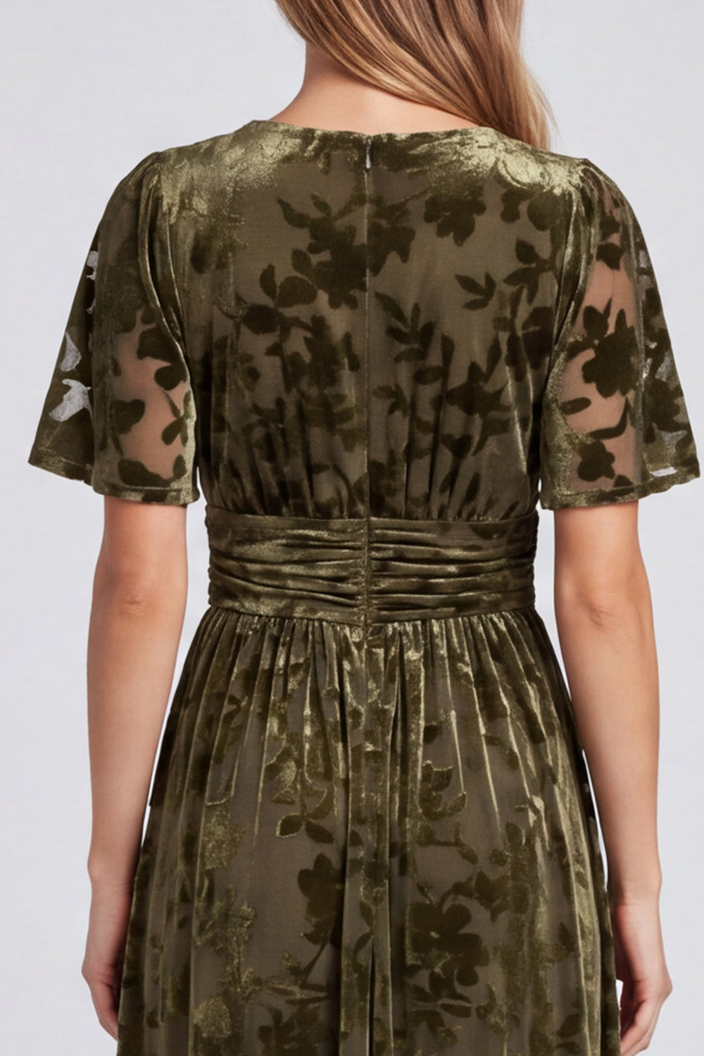 Olive Floral Velvet A Line V-Neck Long Formal Dress with Slit