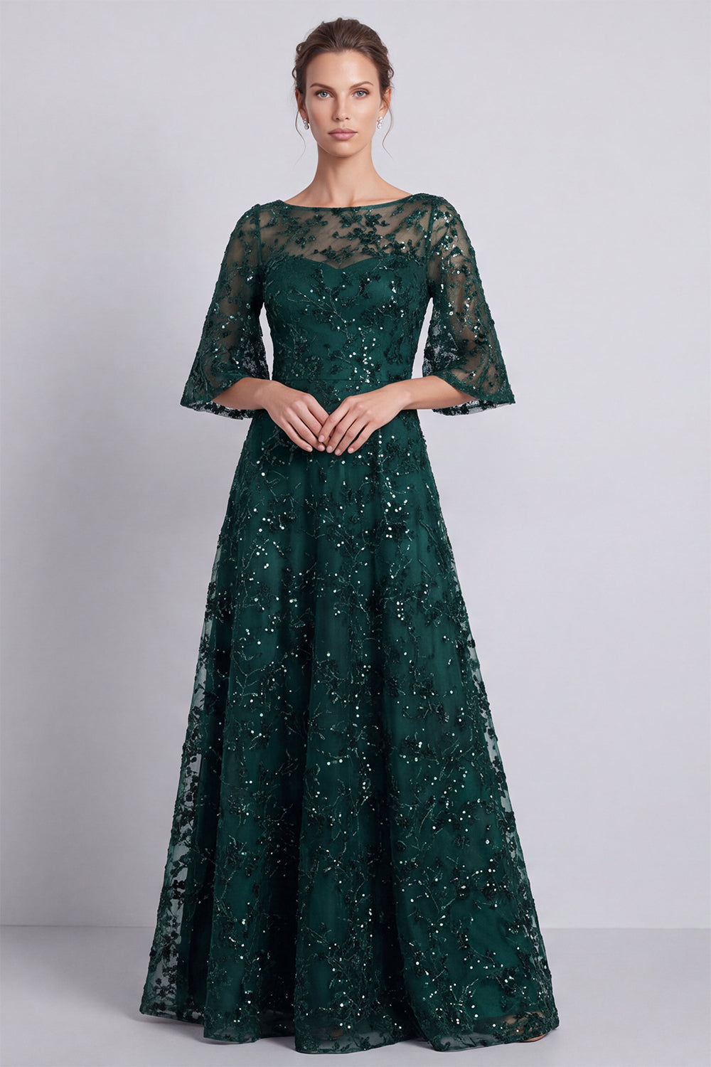 Sparkly Beaded Dark Green A Line Floral Long Formal Dress with Sleeves