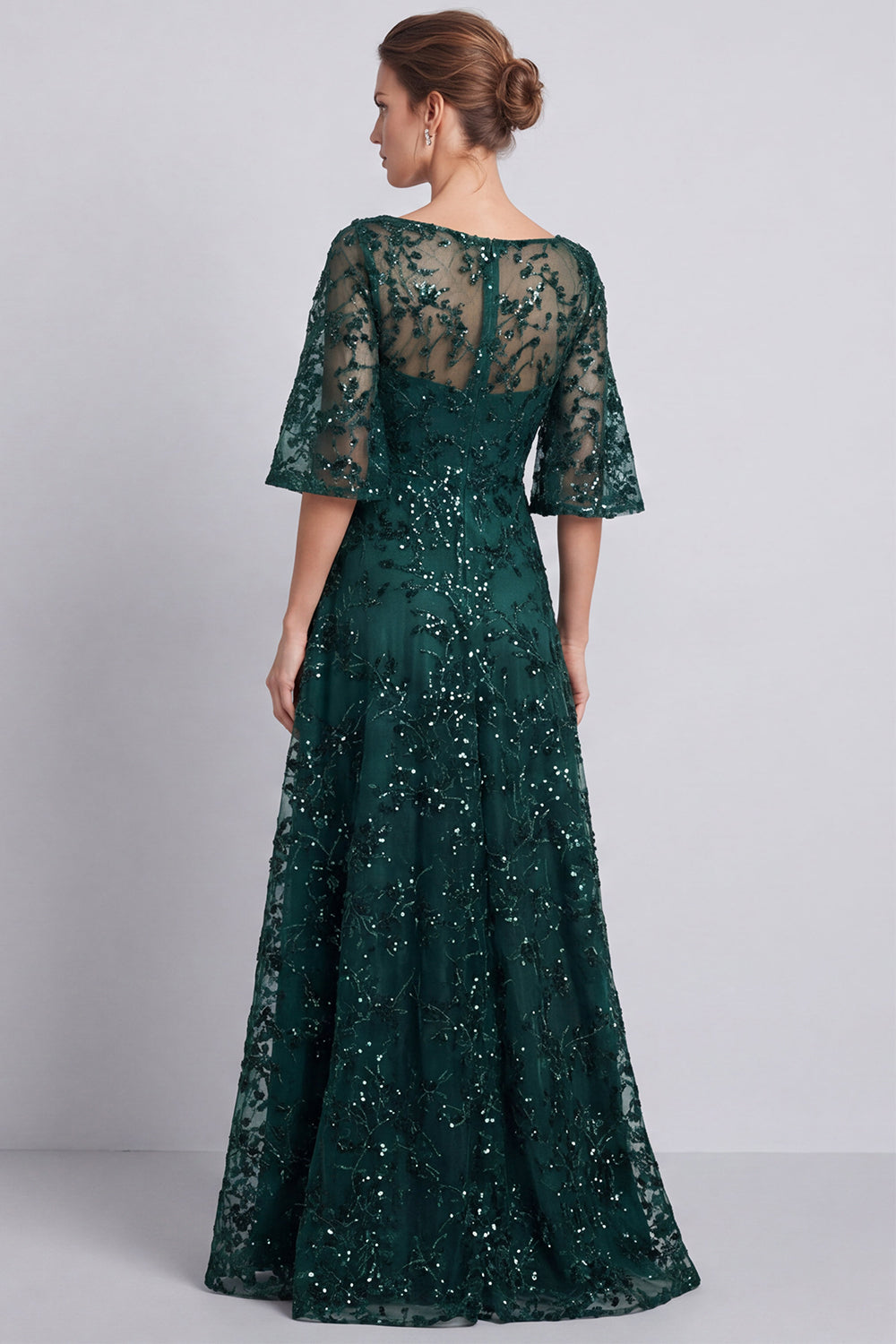 Sparkly Beaded Dark Green A Line Floral Long Formal Dress with Sleeves