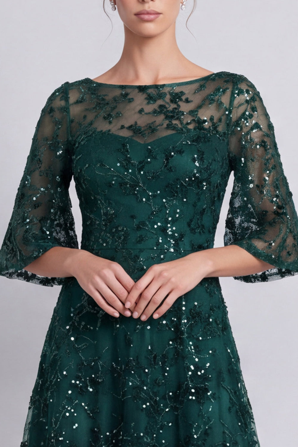 Sparkly Beaded Dark Green A Line Floral Long Formal Dress with Sleeves