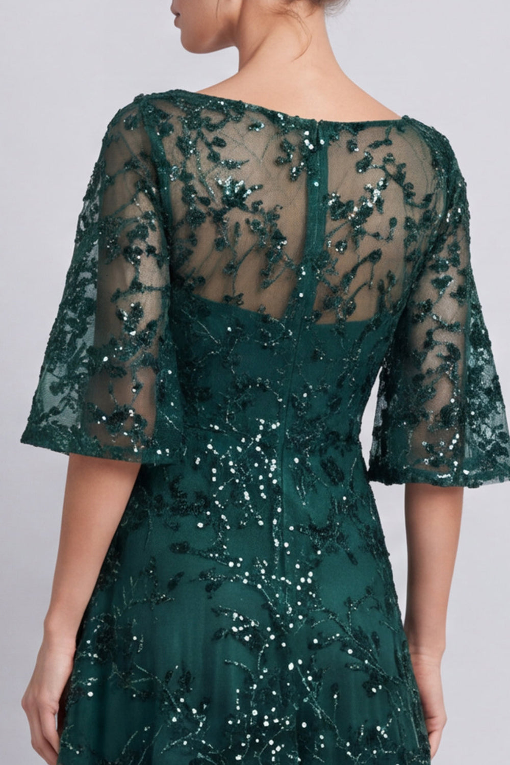 Sparkly Beaded Dark Green A Line Floral Long Formal Dress with Sleeves