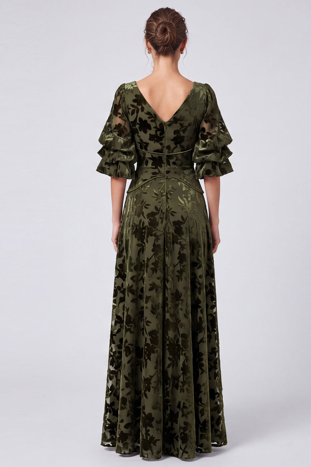 Olive Floral Velvet A Line V-Neck Long Formal Dress with Sleeves