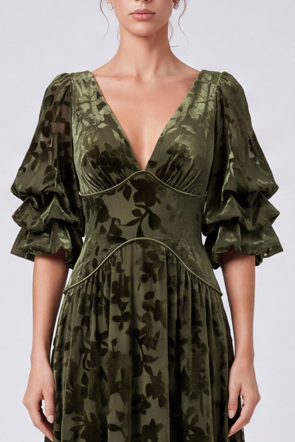 Olive Floral Velvet A Line V-Neck Long Formal Dress with Sleeves